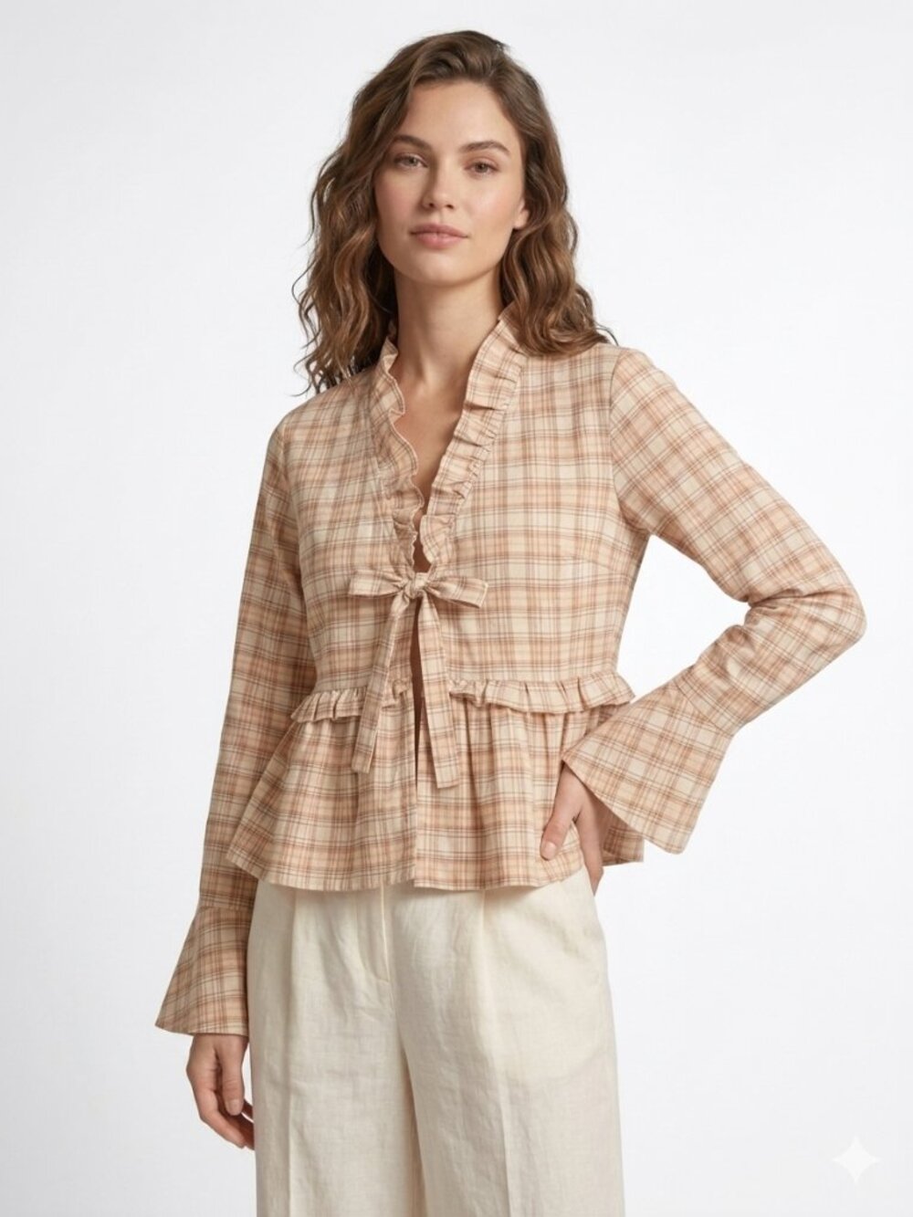NWT Rebellion Plaid Ruffle Front-Tie Peplum Blouse Bell Sleeve Neutral XL